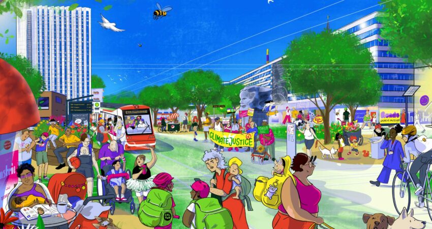 Illustration einer möglichen Gestaltung der Brückenstraße im Jahre 2030