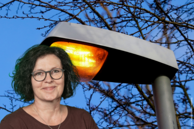 Manuela Tschök-Engelhardt vor einer Laterne mit Natriumdampflampe